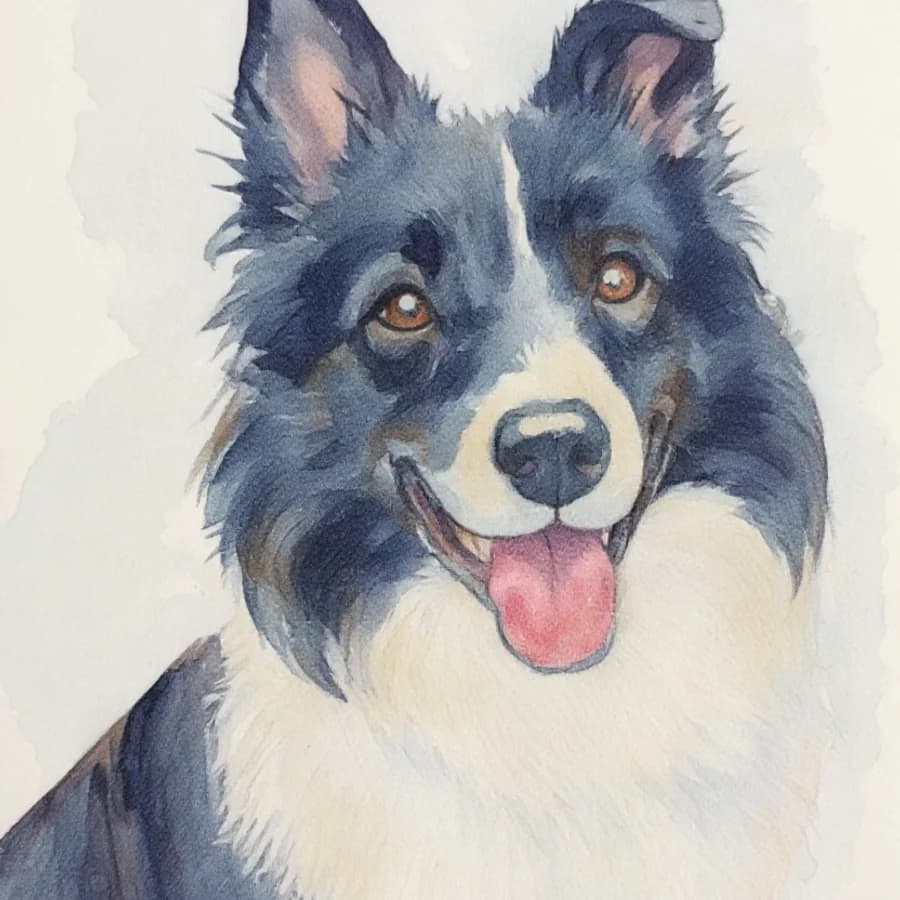 Actual Watercolor PetIntoArt portrait of the same Border Collie