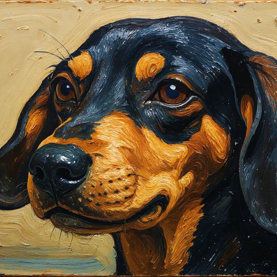 Actual Classic Oil PetIntoArt portrait of the same Dachshund