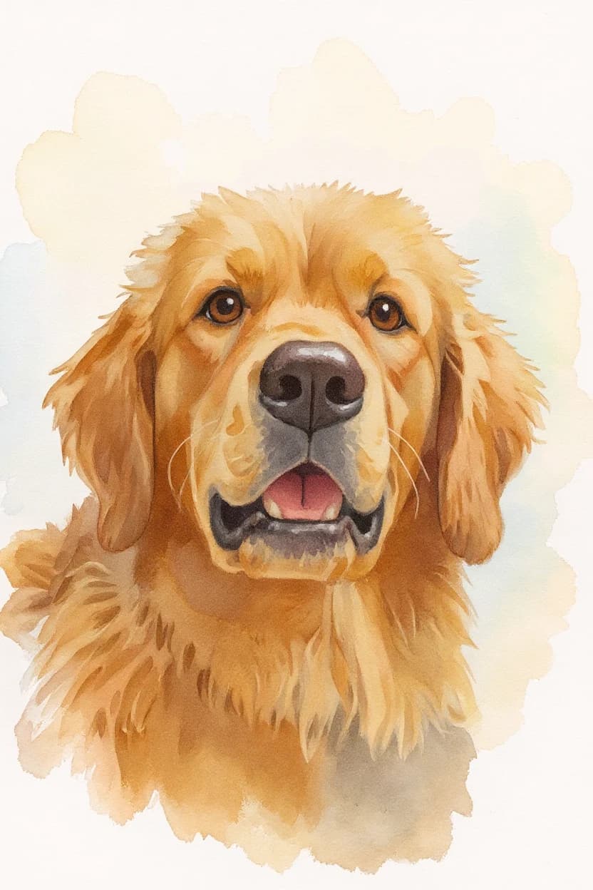 Watercolor portrait of a golden dog with soft pigment washes