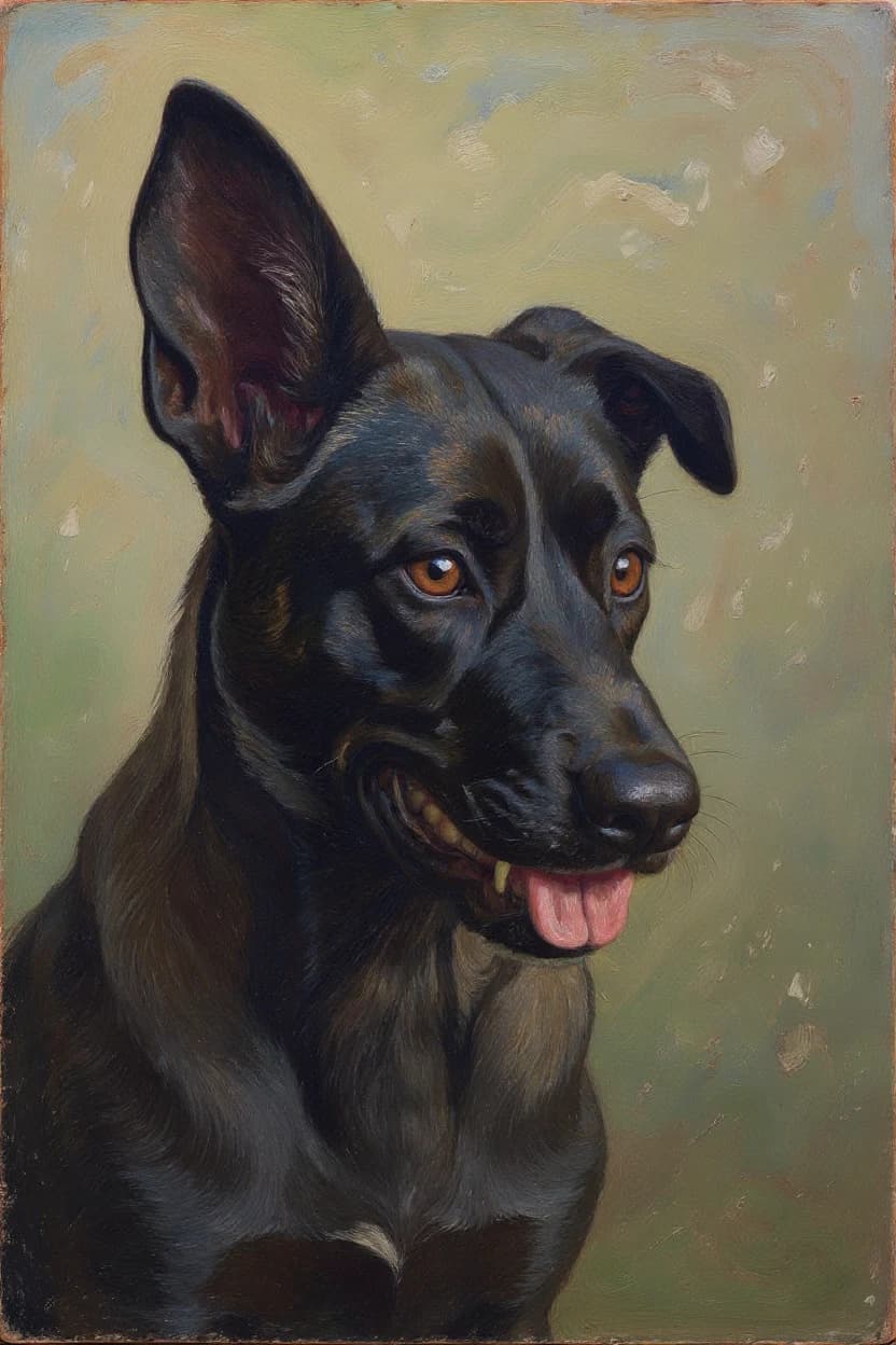 Classic oil painting portrait of a dark dog with amber eyes