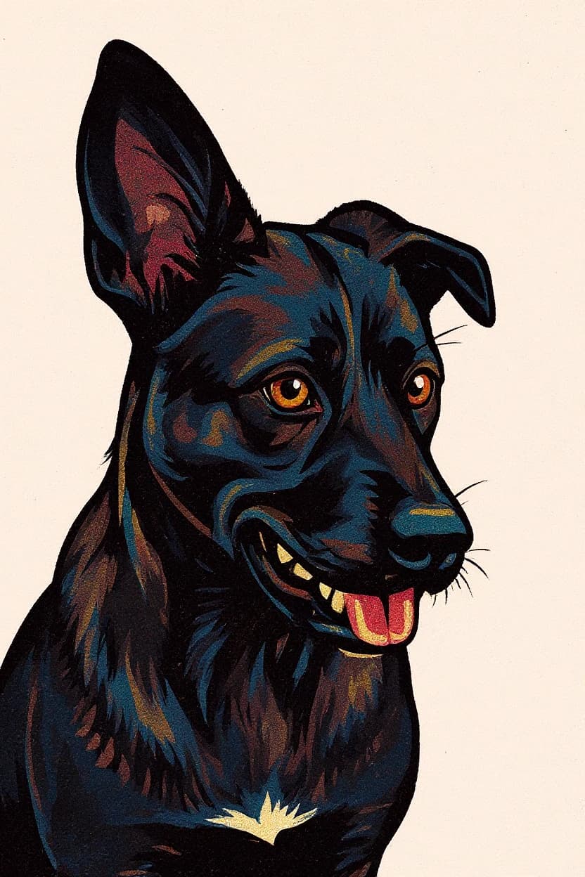 Pop art portrait of a dark dog with vivid graphic color and print texture